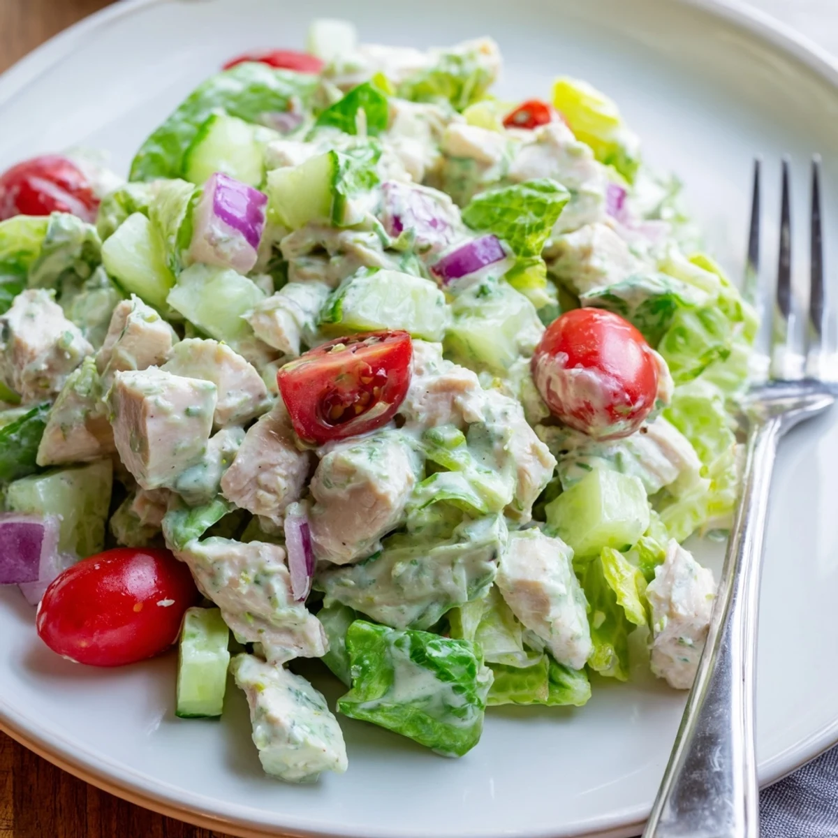 A close-up of Jalapeño Ranch Chicken Salad garnished with tortilla strips, cheddar cheese, and fresh cilantro.