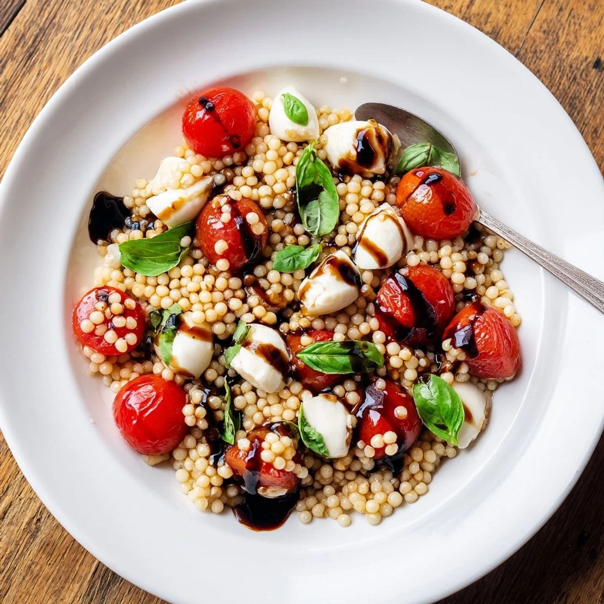 A chilled serving of Caprese Couscous Salad featuring tender Israeli couscous, juicy tomatoes, and mozzarella, garnished with black pepper and a vibrant drizzle of balsamic reduction.