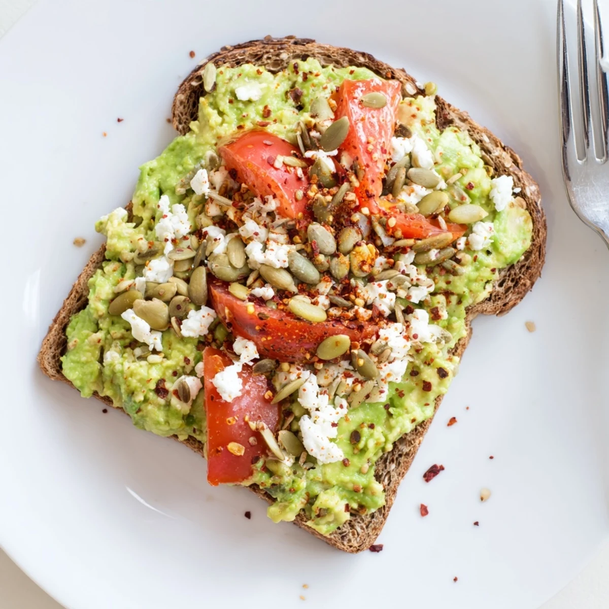Creamy avocado mash on crisp, toasted whole grain bread, topped with fresh tomatoes and a sprinkle of seeds.