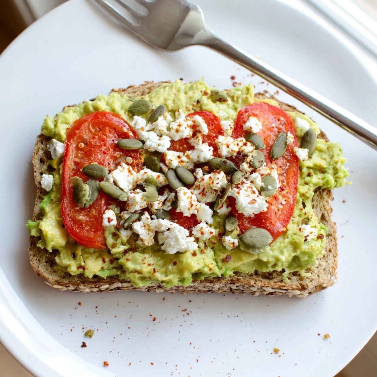 A hearty open-faced avocado toast on whole grain bread, ready to serve with lemon juice and crunchy pumpkin seeds.