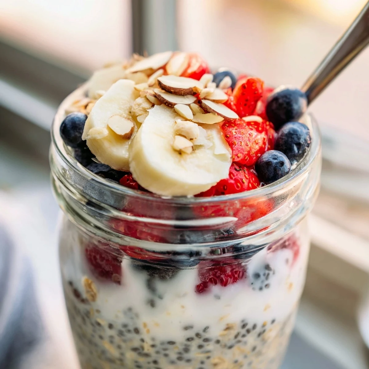A clear glass jar of Overnight Oats With Chia Seeds topped with fresh berries and sliced banana for a healthy breakfast.