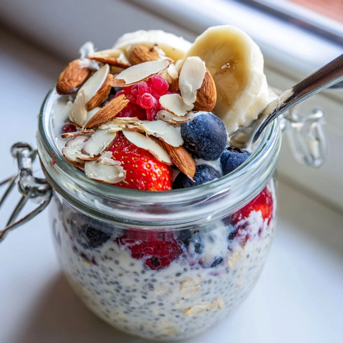Stirred Overnight Oats With Chia Seeds in a bowl, creamy and thick, topped with chopped almonds and a drizzle of honey.