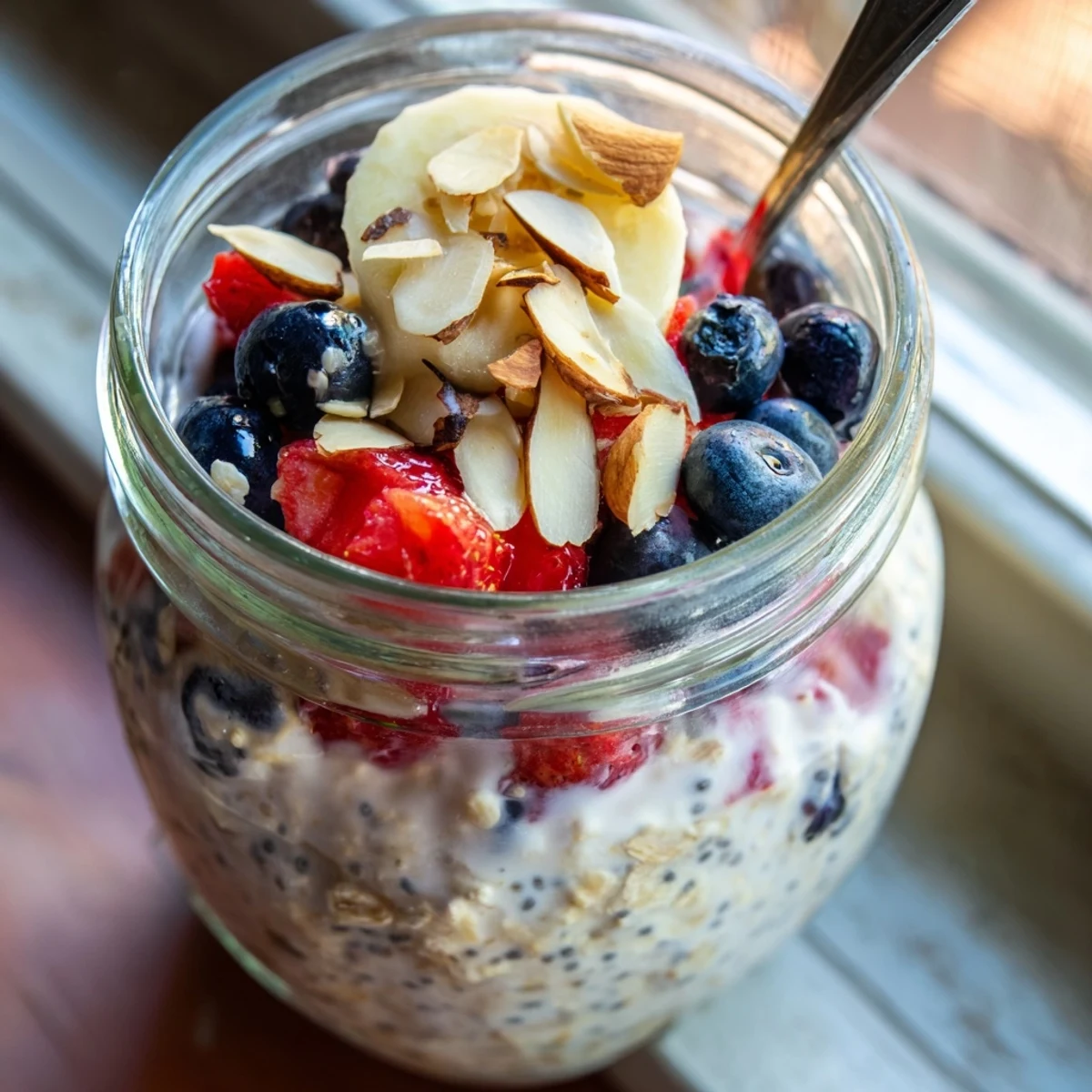 Overnight Oats With Chia Seeds served chilled in a mason jar with a dollop of peanut butter and sliced strawberries.