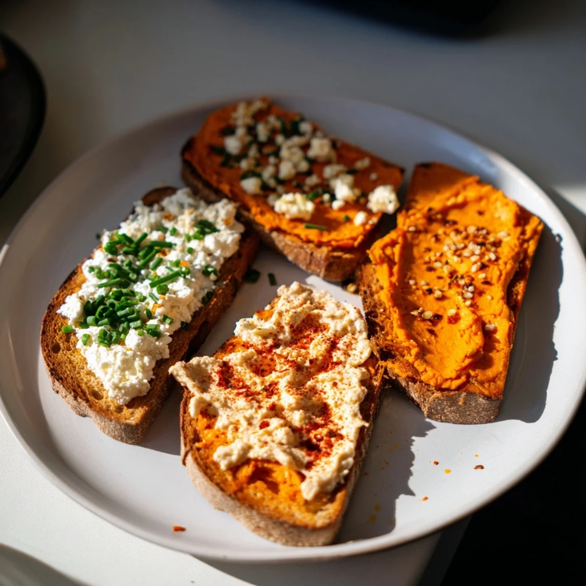 Golden roasted sweet potato toast slices topped with creamy avocado and vibrant cherry tomatoes, ready to enjoy.