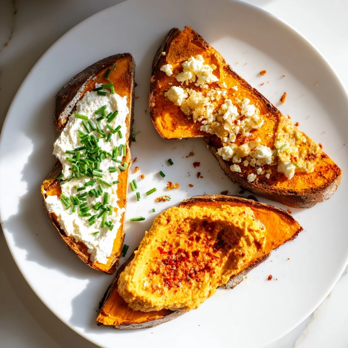 Slices of baked sweet potato toast spread with rich peanut butter, topped with banana slices and granola.