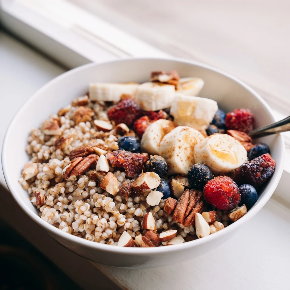 A warm bowl of Buckwheat Groats Breakfast topped with fresh berries, sliced banana, and chopped nuts, drizzled with honey.  