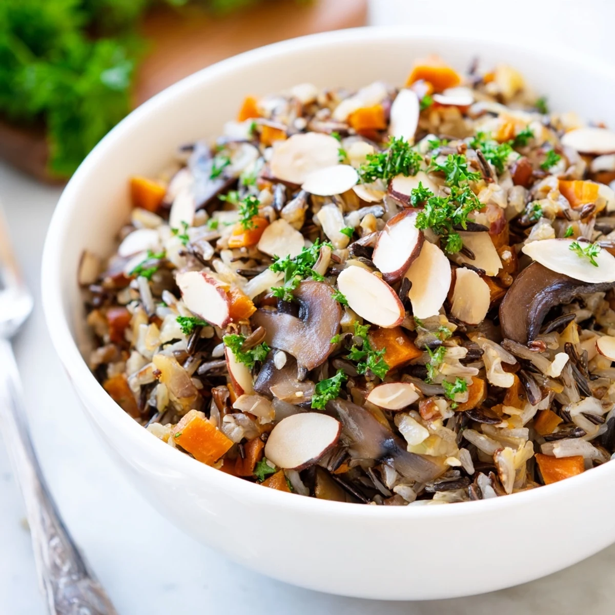 Earthy sautéed mushrooms and wild rice pilaf garnished with fresh parsley, served warm in a rustic white bowl.