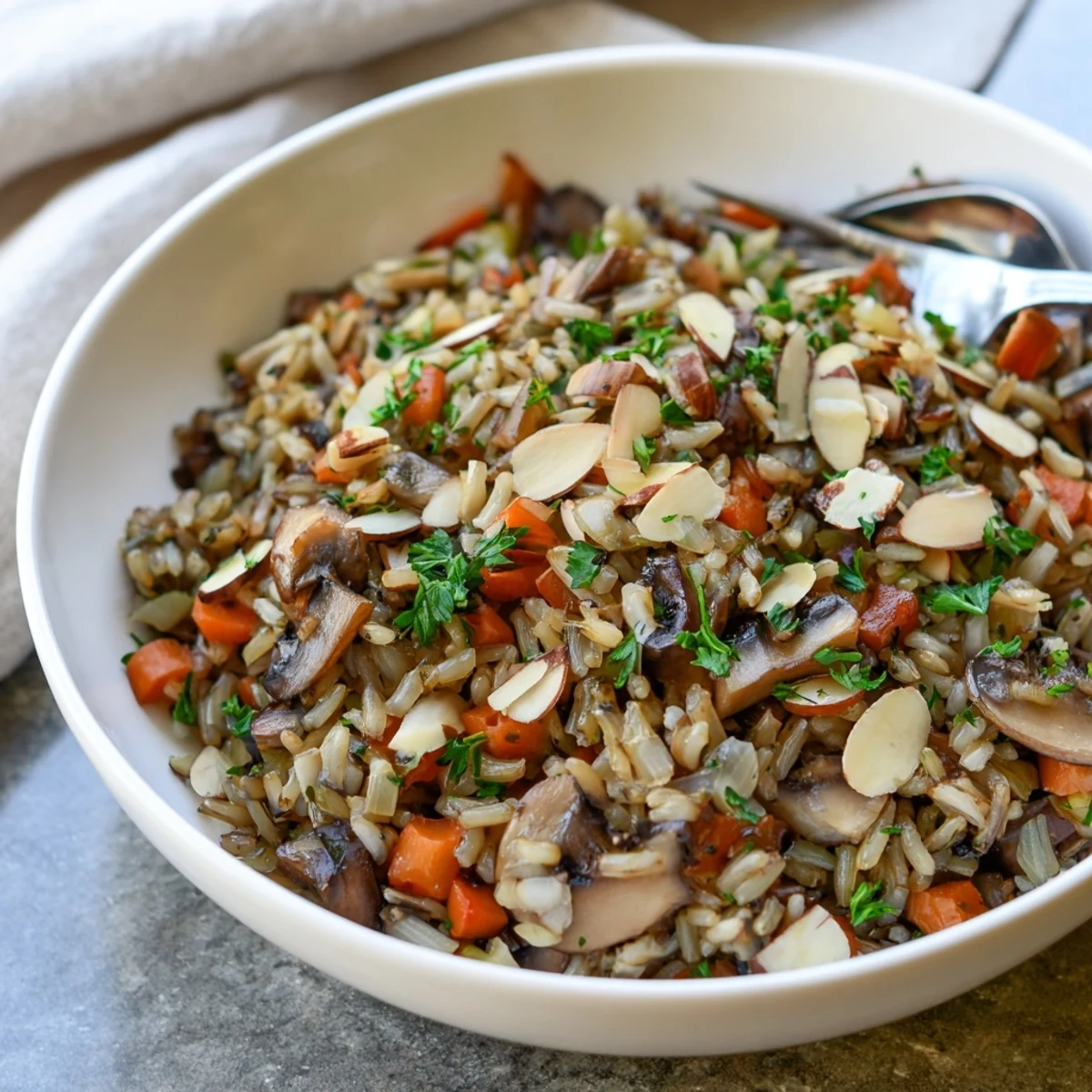 Savory vegetarian wild rice and mushroom pilaf with thyme, perfect as a hearty gluten-free side dish.