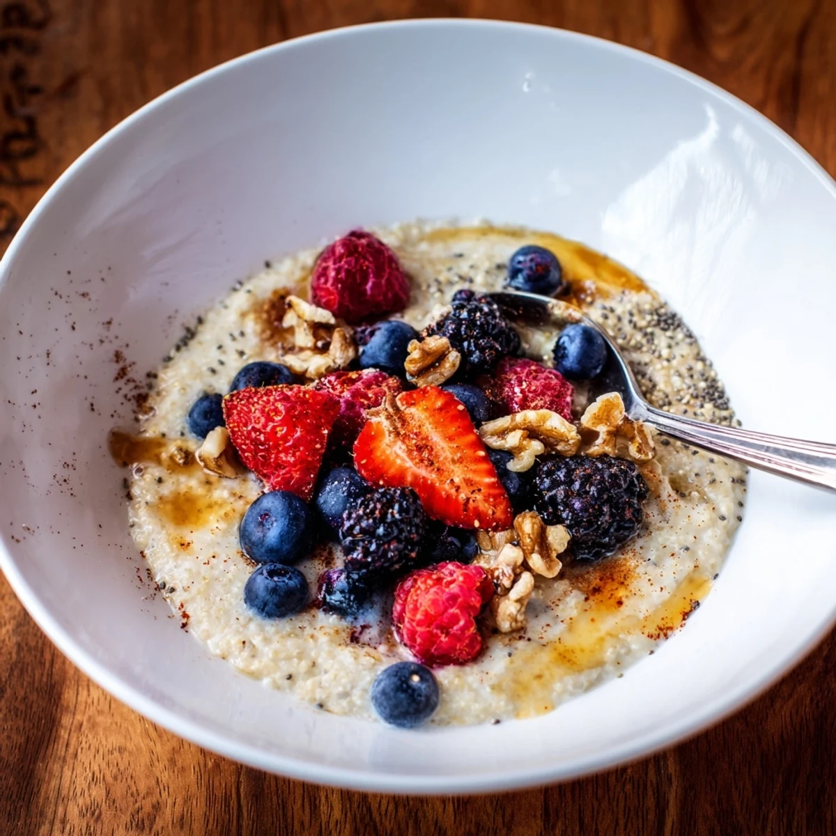 A warm bowl of creamy Millet Porridge With Berries, topped with fresh mixed berries and a sprinkle of chopped nuts for breakfast.
