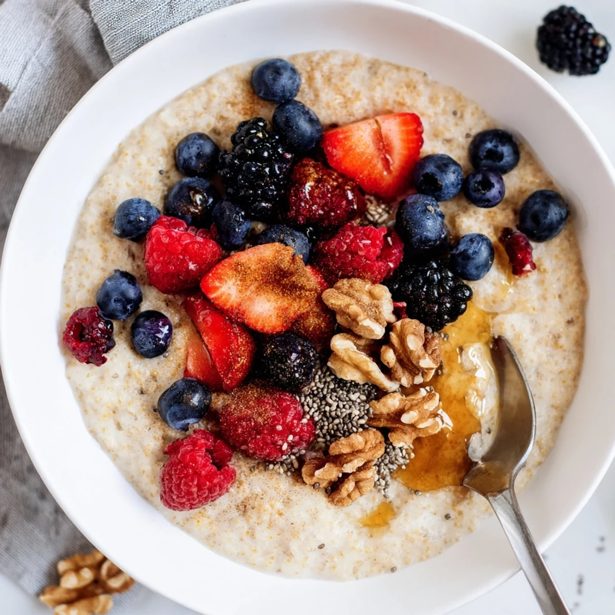 Golden millet porridge swirled with cinnamon, topped with vibrant berries and a drizzle of honey for a cozy morning meal.