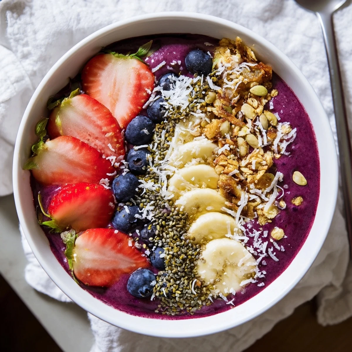 A nourishing acai berry smoothie bowl with almond butter drizzle, pumpkin seeds, and colorful fruit for an energizing morning snack.