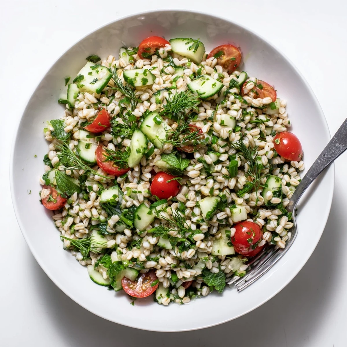 Served Barley and Herb Salad garnished with diced red onion, perfect for a light Mediterranean lunch or vibrant side dish.