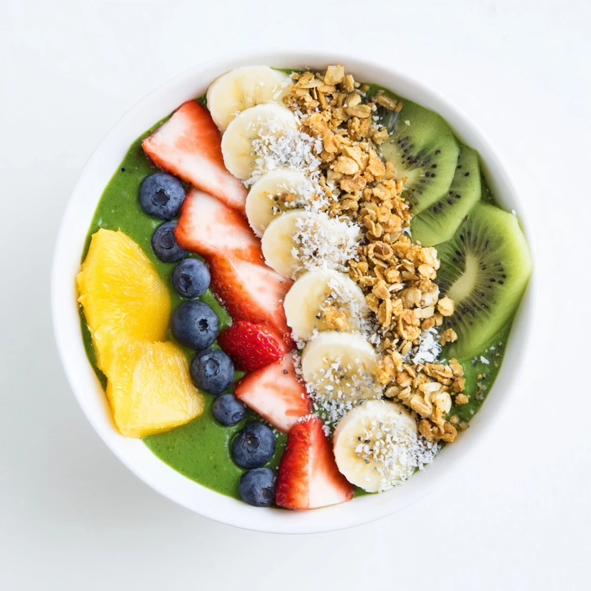 A vibrant Green Smoothie Bowl with creamy spinach base, topped with crunchy granola and fresh fruit slices for a refreshing breakfast.