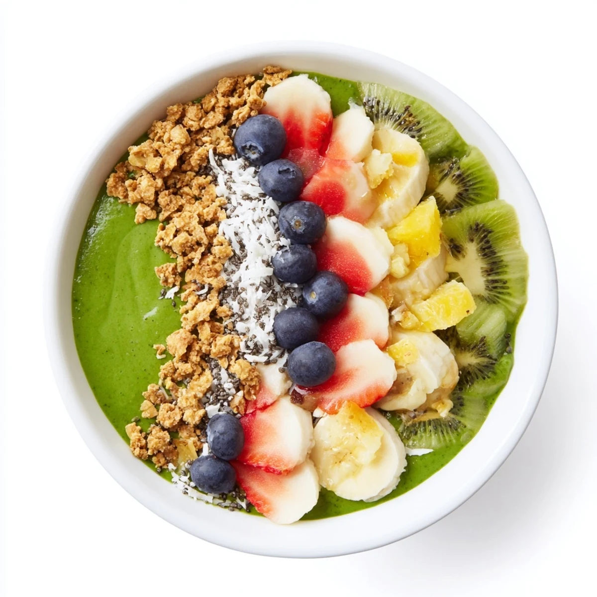 A glass bowl holding a thick Green Smoothie Bowl, layered with sliced strawberries, kiwi, and bananas over the bright green base.