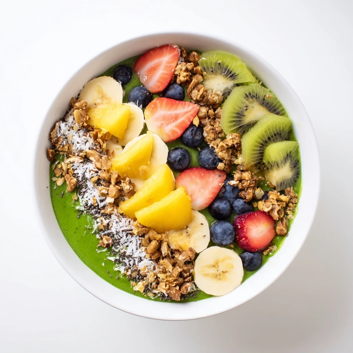 This Green Smoothie Bowl is topped with granola and chia seeds, ready to be enjoyed with a spoon for a healthy snack.
