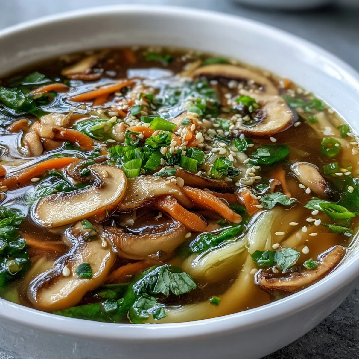 Steaming bowl of Miso Ginger Winter Soup garnished with sesame seeds and fresh herbs.