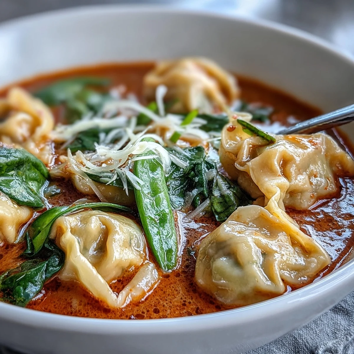 Plump wontons swim in a vibrant red curry broth with coconut milk and bright lime.