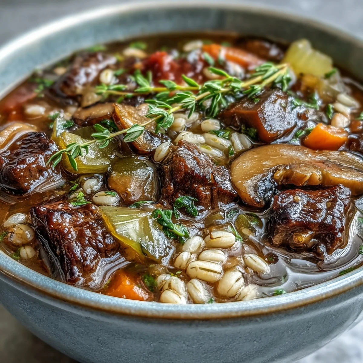 Steaming bowl of hearty Vegetable Beef, Barley, and Mushroom Soup, loaded with tender beef cubes, carrots, and potatoes.