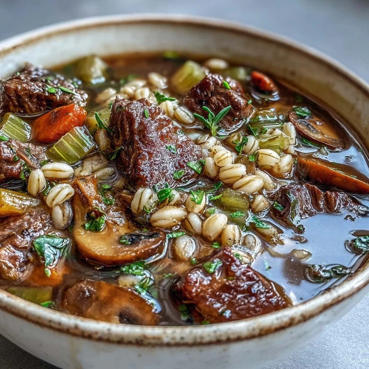 Close-up shot of rich Vegetable Beef, Barley, and Mushroom Soup, garnished with fresh parsley and a rustic bread slice on the side.
