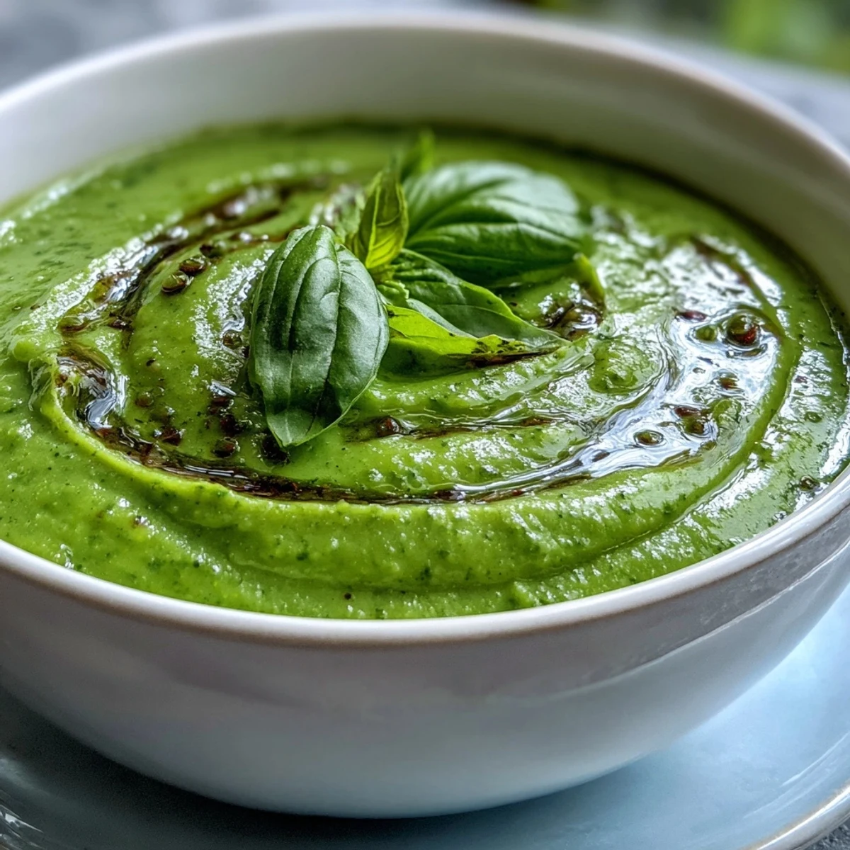 Smooth blended Courgette, Pea and Pesto Soup in a rustic bowl, ready to enjoy.