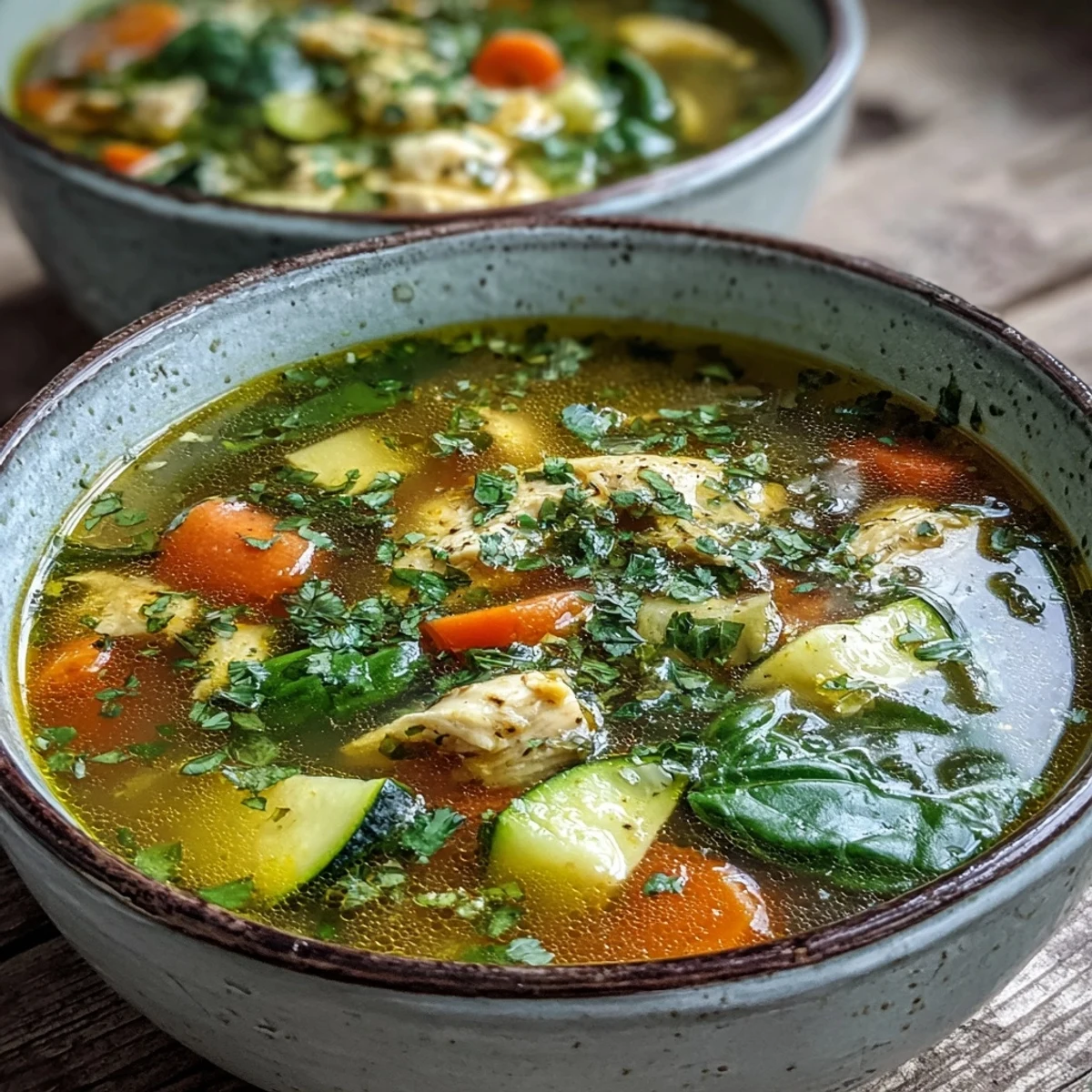 Golden Turmeric Chicken Soup steaming in a white bowl, garnished with fresh cilantro and a lemon wedge.