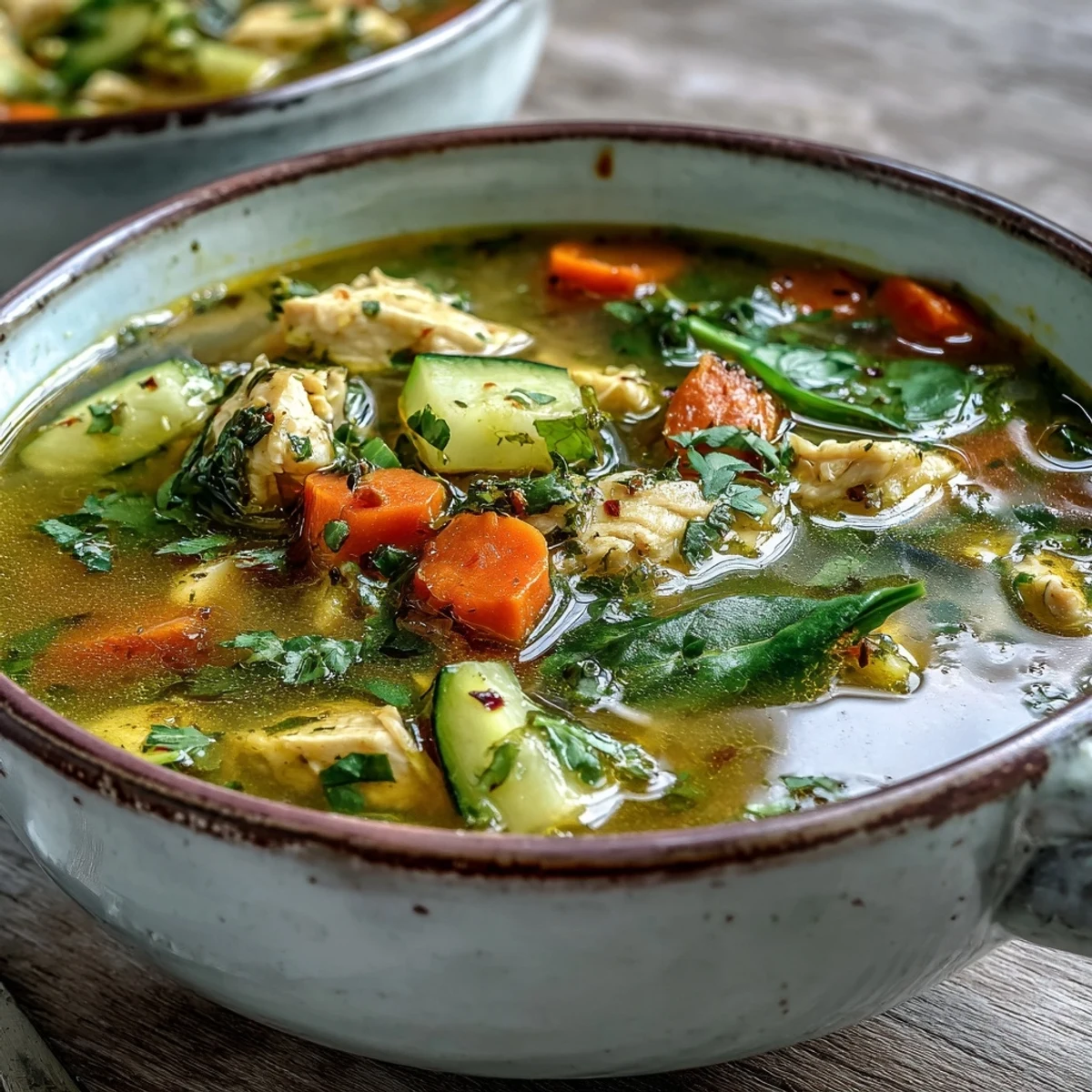 Warm Turmeric Chicken Soup with tender chicken, carrots, and wilted spinach in a cozy pot setting.