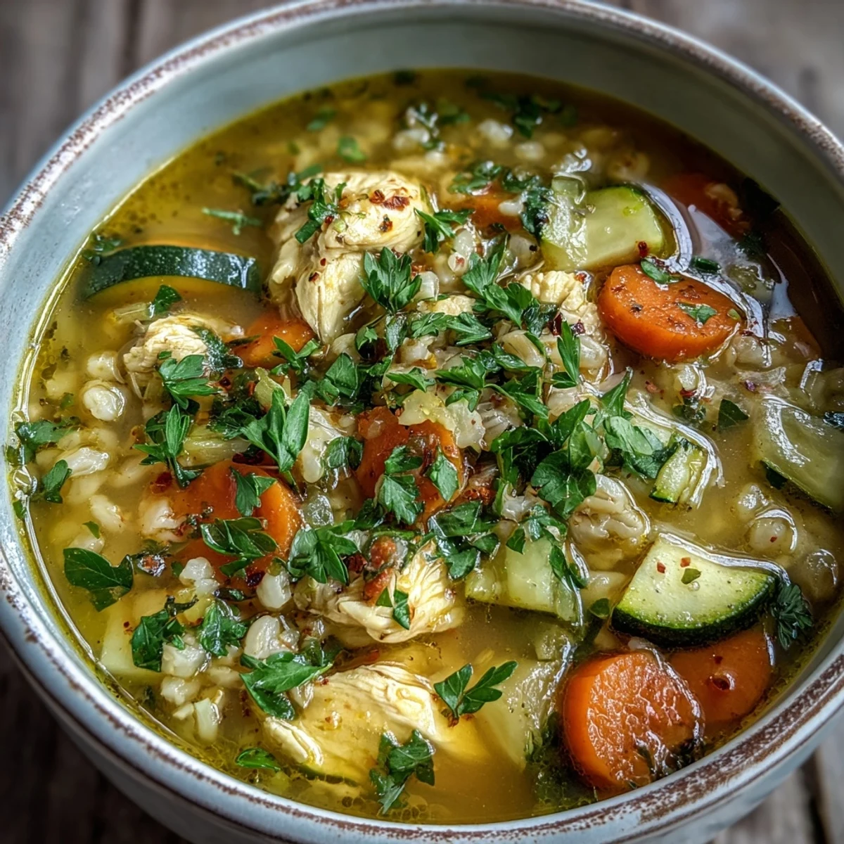 Steaming bowl of Soothing Turmeric Chicken With Pearl Barley garnished with fresh parsley and lemon wedges.