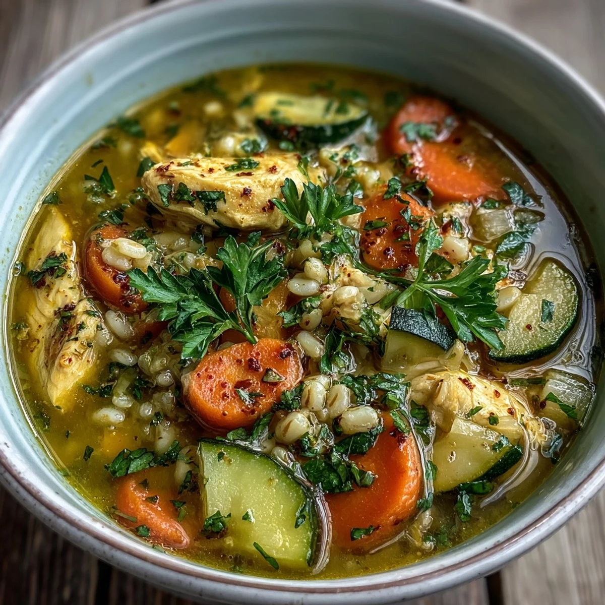 Close-up of Soothing Turmeric Chicken With Pearl Barley in a rustic bowl with a lemon wedge on the side.
