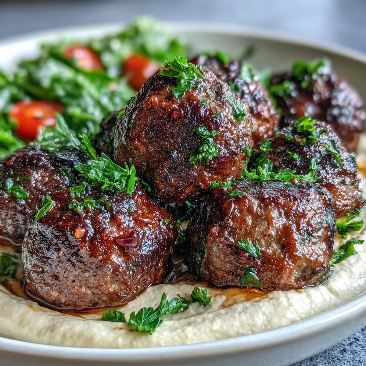 Sizzling venison meatballs with spiced salad and creamy hummus in a skillet next to a bowl of fresh salad.