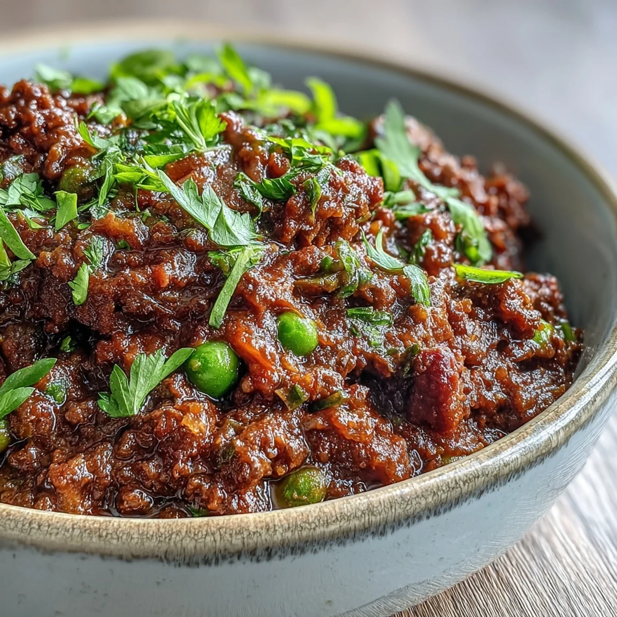 Sizzling pan of Venison Keema Curry prepared with cumin seeds, ginger, and warming spices. A hearty and flavorful Indian-inspired main dish, perfect for meal prep.