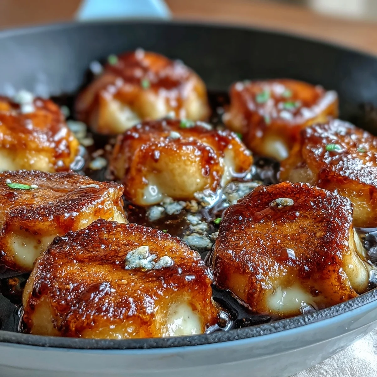 Freshly cooked Japanese potato mochi arranged on a plate with scallions and a small dipping bowl.