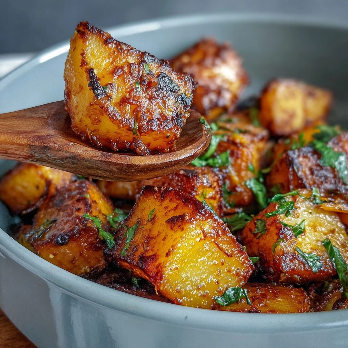 Vibrant steam rises from a skillet of Curried Celeriac, revealing tender vegetable cubes coated in a rich, golden-brown sauce.