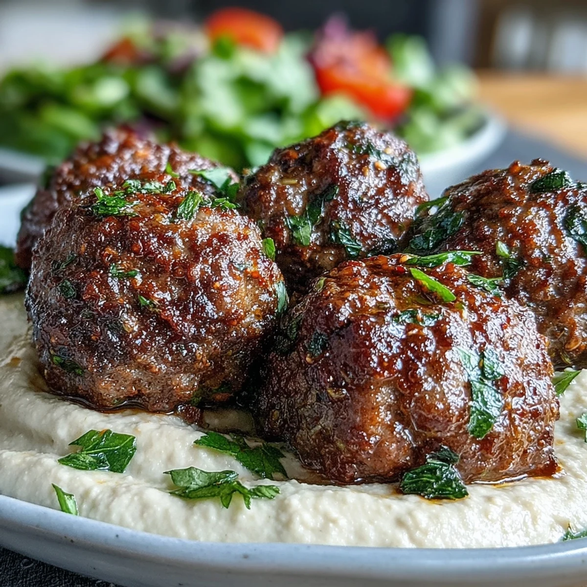 Golden-brown venison meatballs with spiced salad and creamy hummus on a white plate, served with lemon wedges.