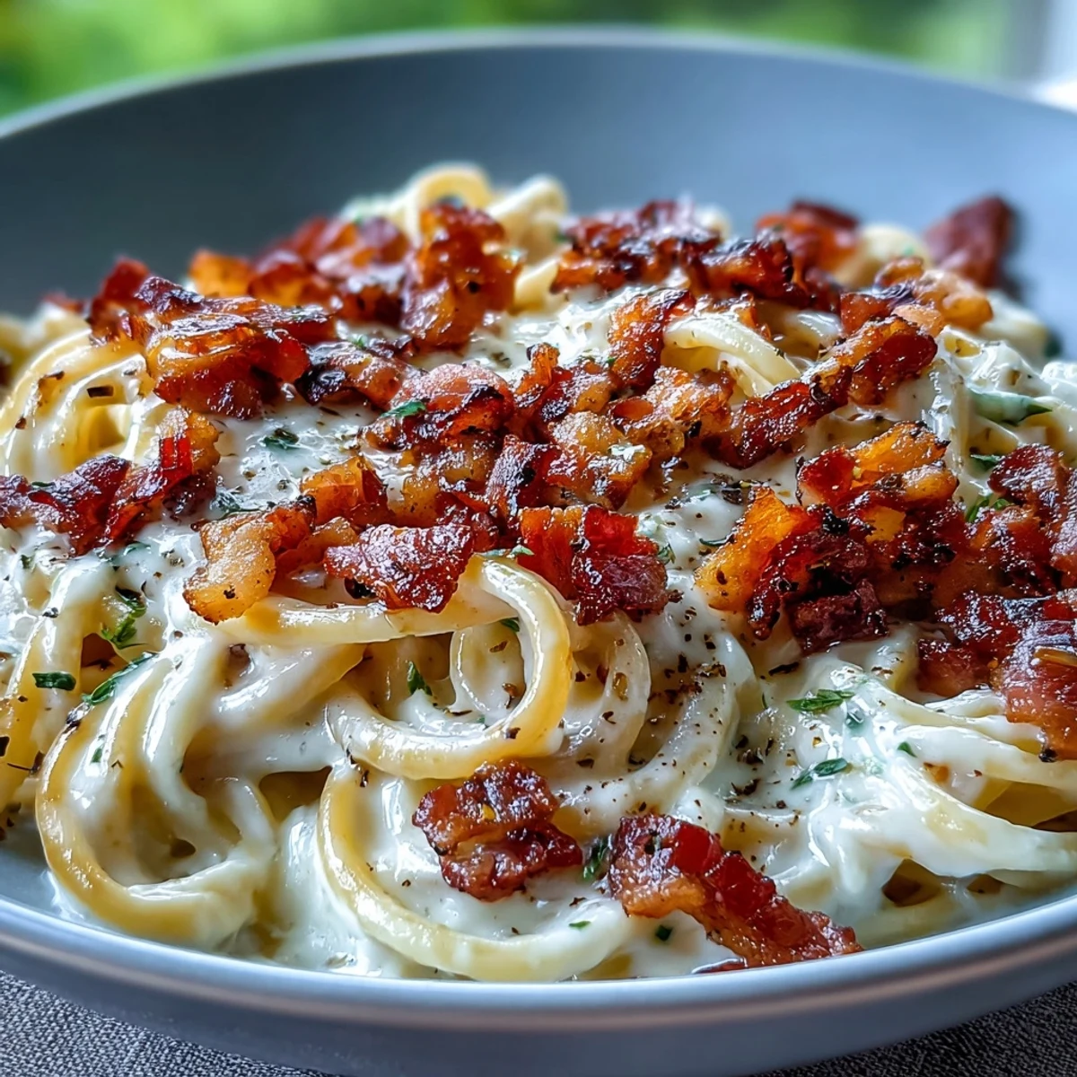 Golden celeriac carbonara noodles coated in creamy Parmesan sauce with crispy pancetta and fresh black pepper.