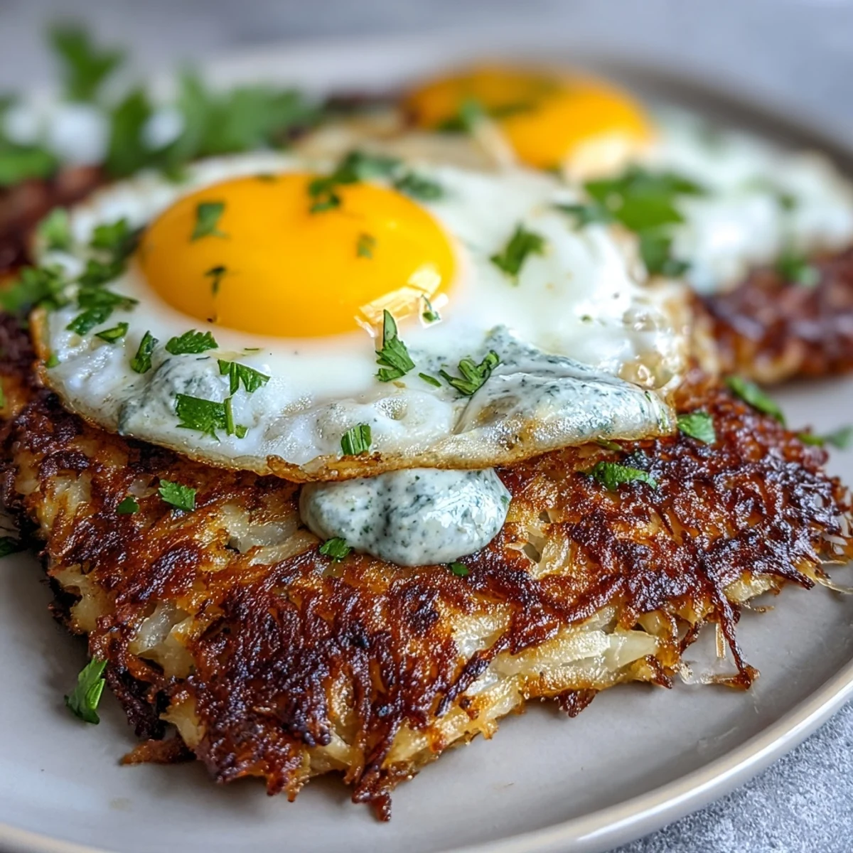 Golden-brown celeriac rösti topped with zesty harissa yogurt and a runny fried egg, served hot on a rustic plate with lemon wedges.
