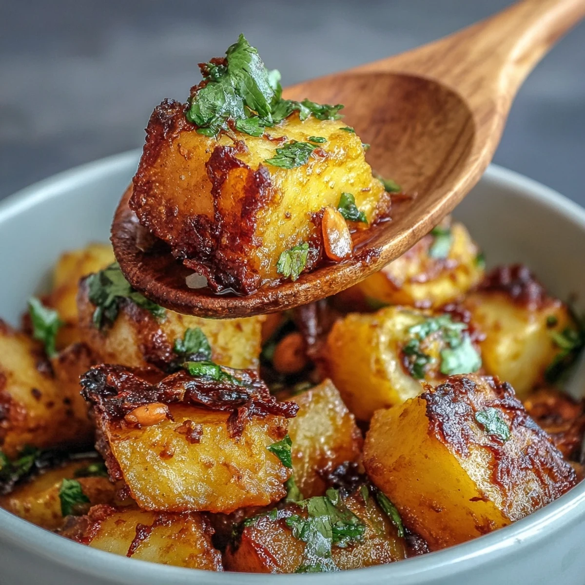 Golden roasted celeriac chunks simmer in a fragrant coconut curry sauce, garnished with fresh cilantro and cashews.
