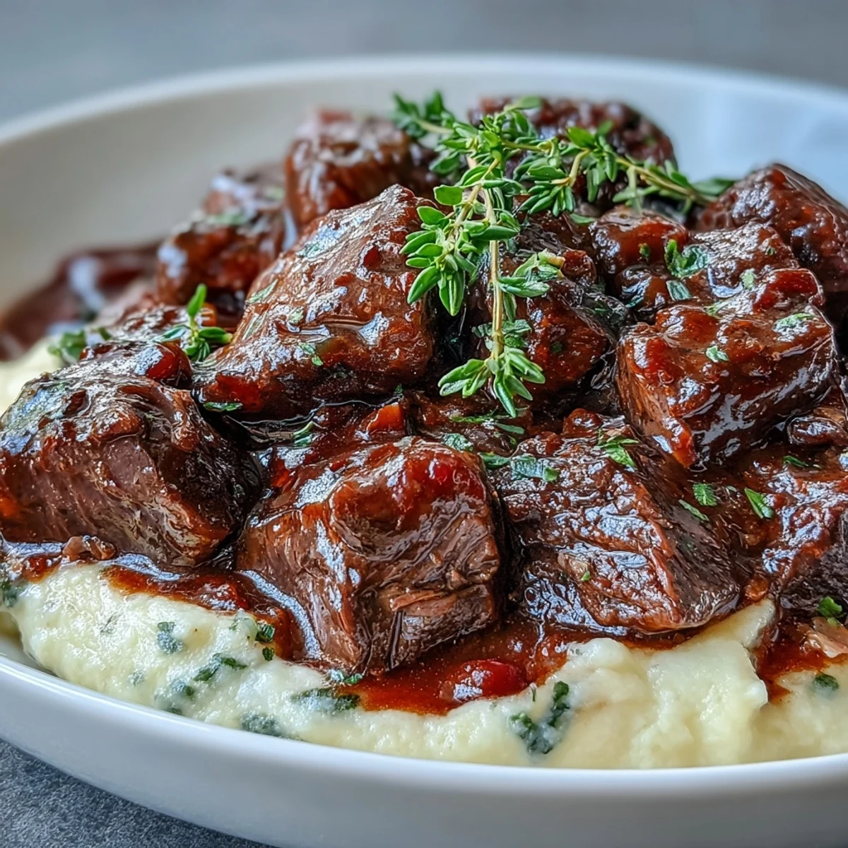 Tender venison stew with sloe gin ladled over creamy Parmesan polenta in a rustic bowl.