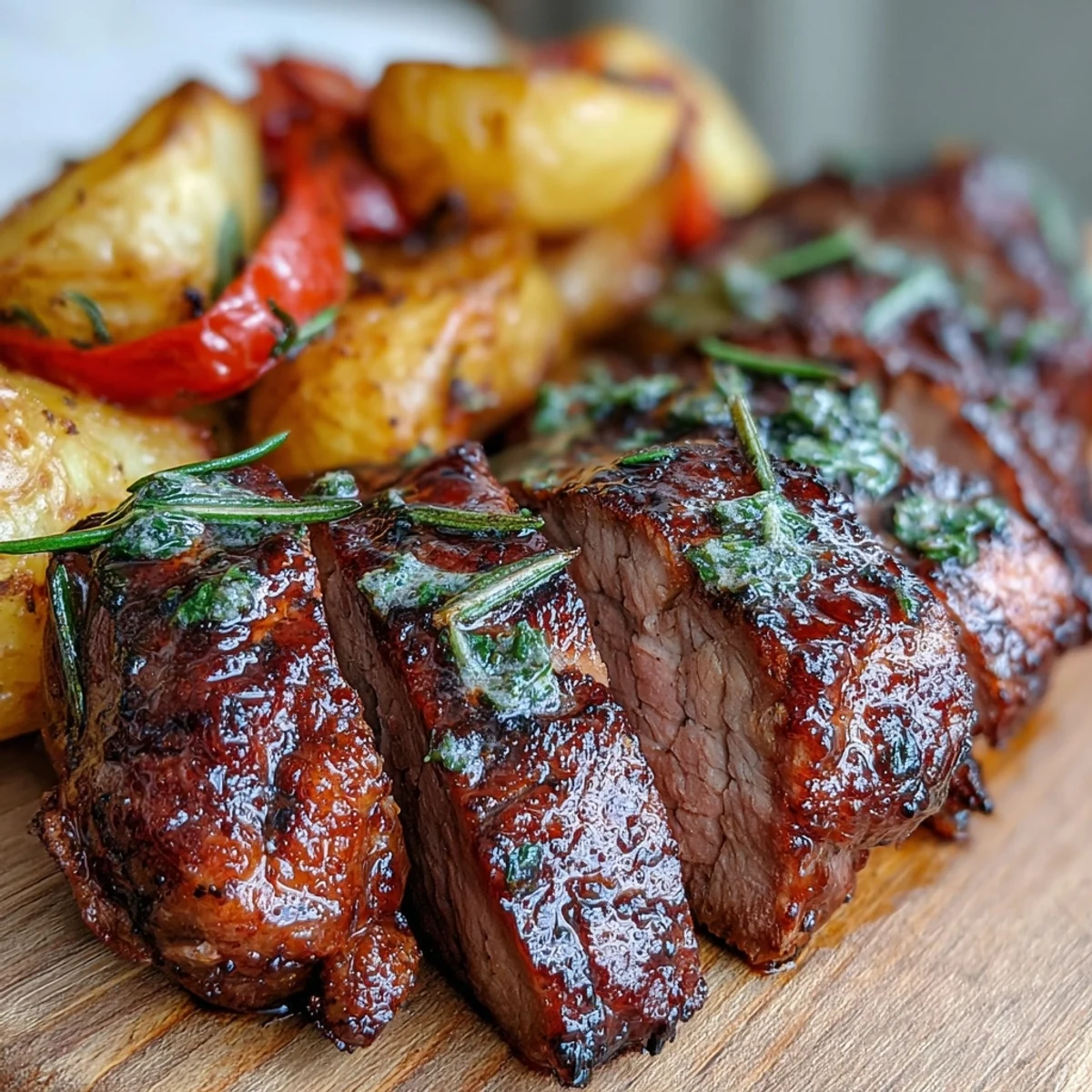 Sliced Ibérico pork fillet resting beside glazed red peppers and crunchy thyme potatoes on a rustic platter.