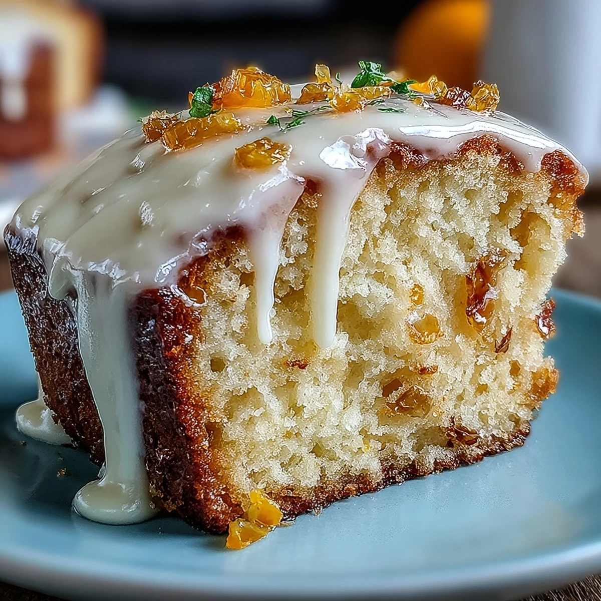 Freshly baked Heavenly Blood Orange Yogurt Cake with vibrant icing drizzled over a moist, tender crumb, ready to slice and serve for dessert.