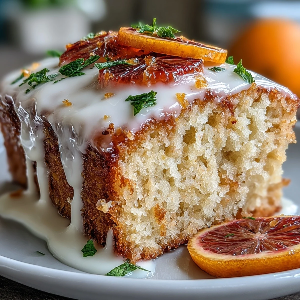 A slice of Heavenly Blood Orange Yogurt Cake reveals a soft, creamy texture with bright citrus zest and a sweet glaze on a marble board.