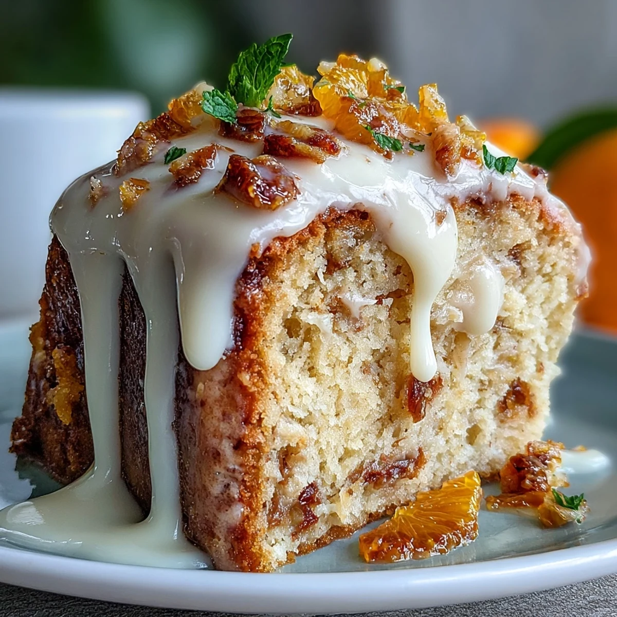 Golden-baked Heavenly Blood Orange Yogurt Cake loaf with glossy citrus icing, perfect for breakfast or a sweet snack with a cup of coffee.