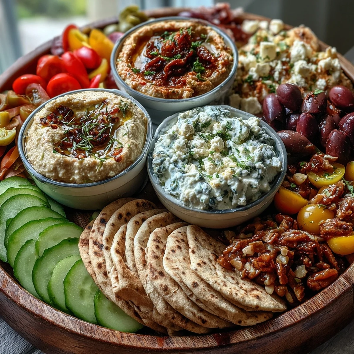 Mediterranean Brunch Board with Dips and Flatbreads, featuring creamy hummus, smoky baba ganoush, and tangy tzatziki, surrounded by crisp vegetables, briny olives, and feta.