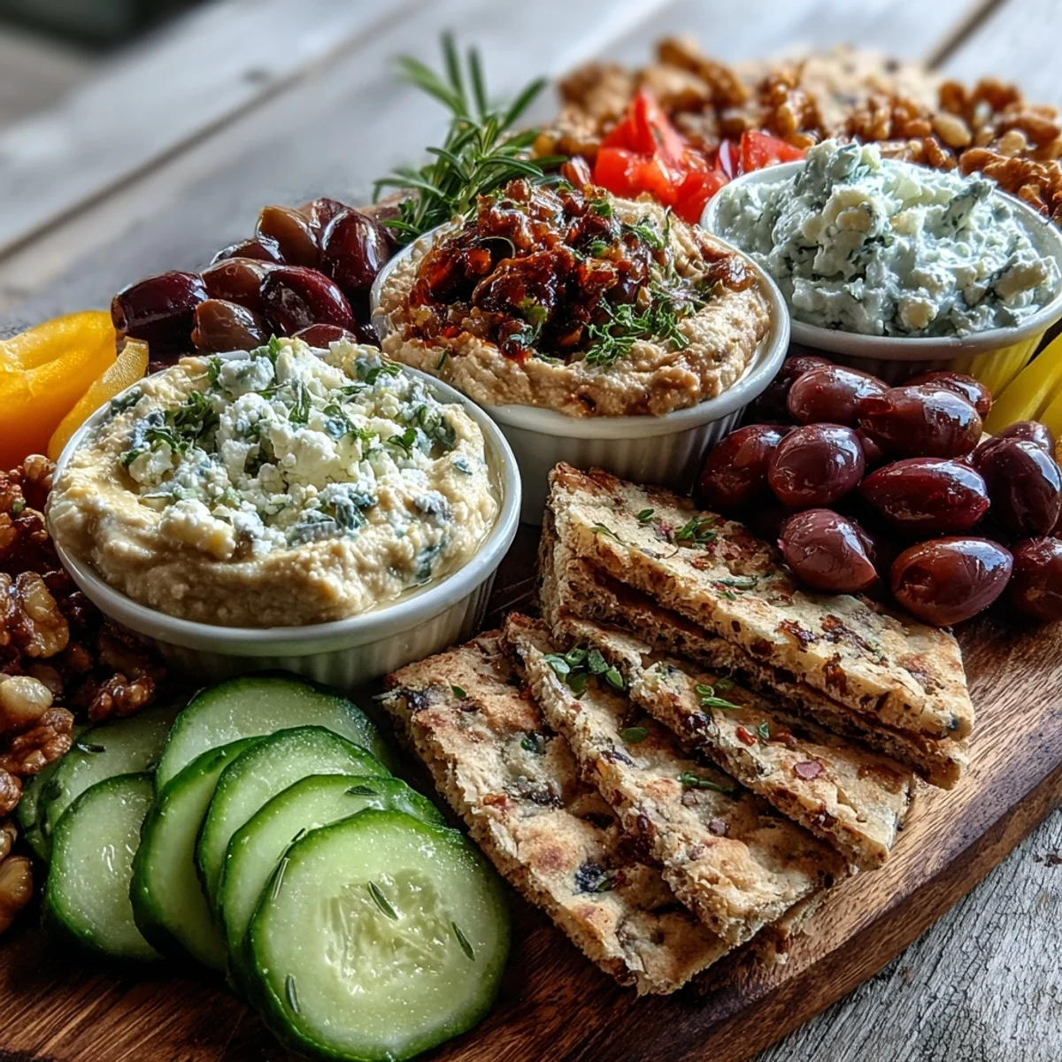 A close-up of the Mediterranean Brunch Board with Dips and Flatbreads, garnished with fresh parsley, with golden flatbread triangles ready for scooping the vibrant dips.
