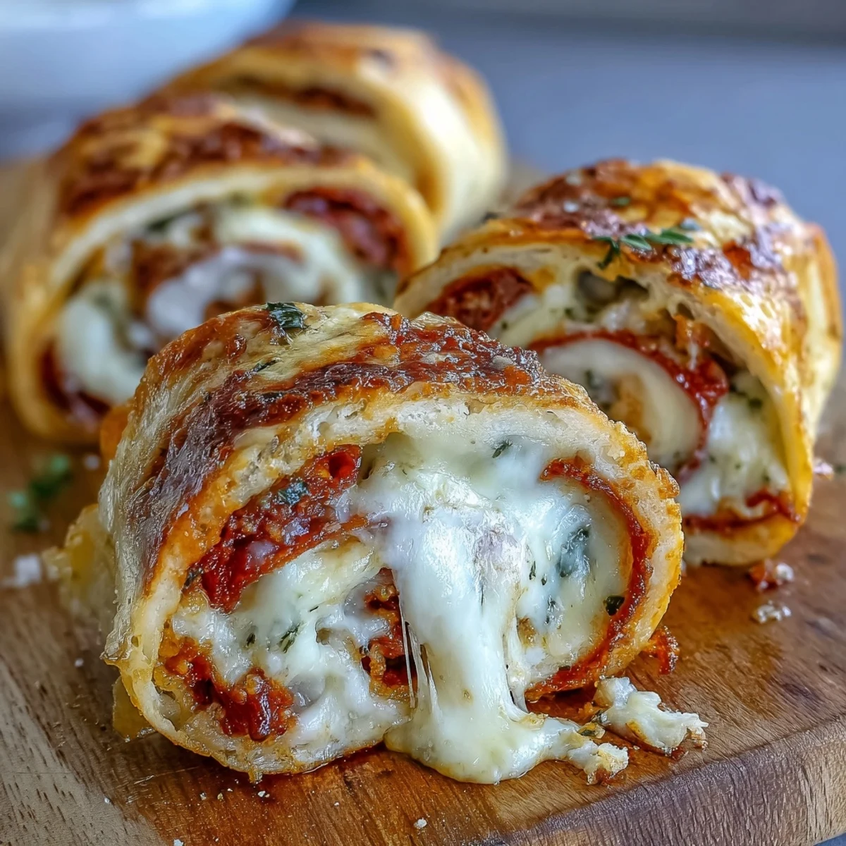 Golden-baked Tortilla Pizza Rolls are sliced to show molten mozzarella and pepperoni on a plate, ready for dipping.