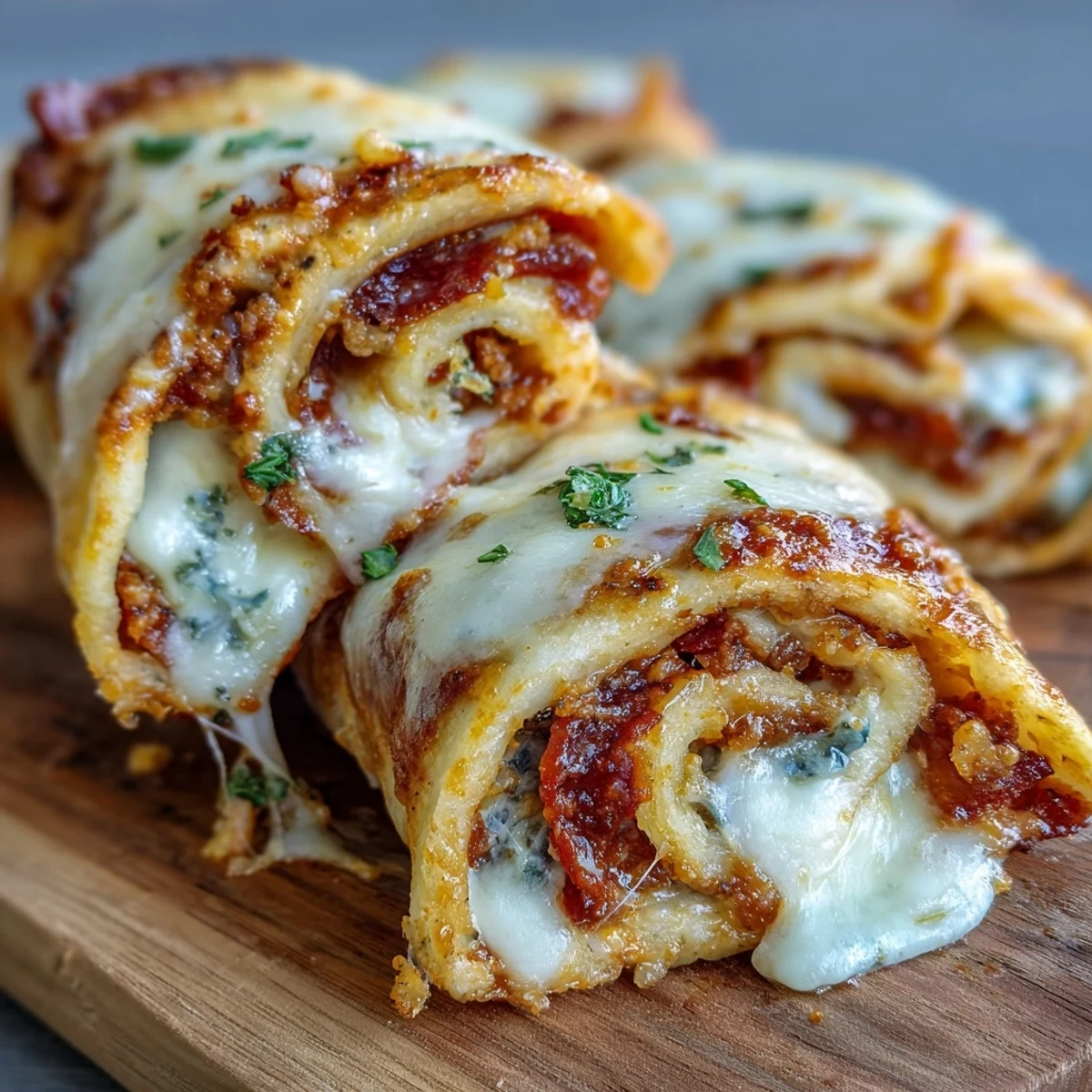 Freshly baked Tortilla Pizza Rolls arranged on a plate with a small bowl of marinara for dipping.