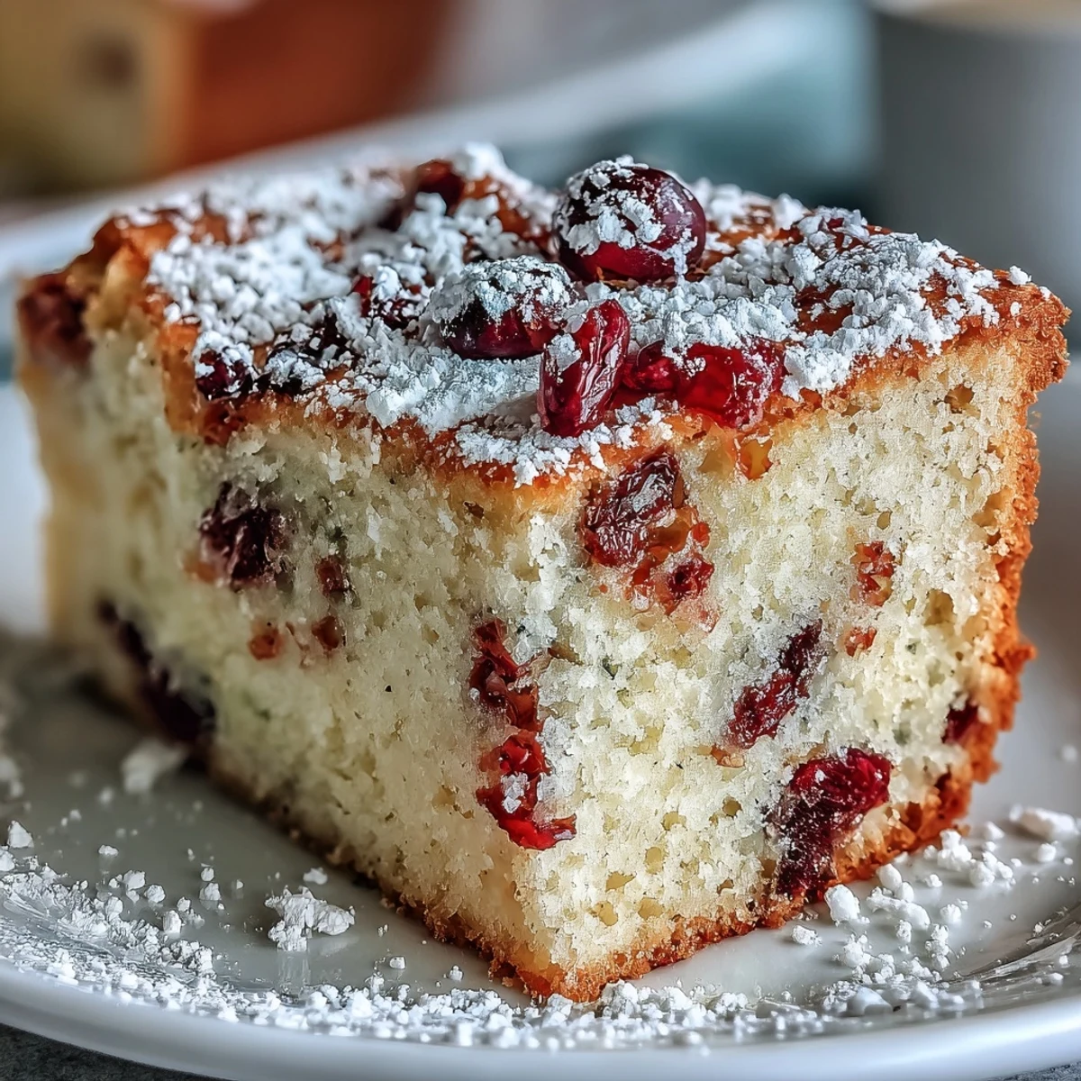 A close-up slice of Cranberry Orange Breakfast Cake reveals moist layers, vibrant cranberry bursts, and bright citrus zest, served on a white plate for a cozy morning treat.