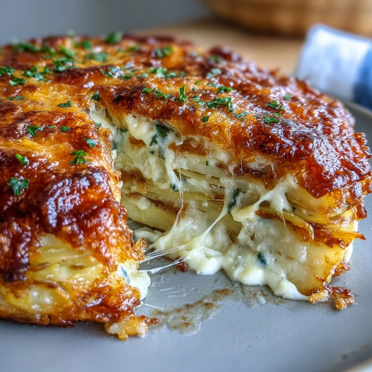 Comforting homemade Cheese and Potato Pie with golden, bubbling cheese topping, steam rising from the soft potato layers, ready to serve for dinner.