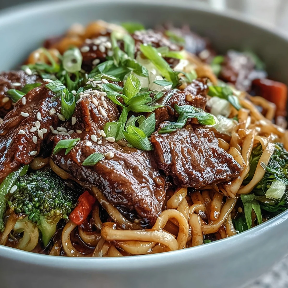 Garnished with green onions and sesame seeds, this Korean Beef Noodles dish is served steaming hot alongside chopsticks.