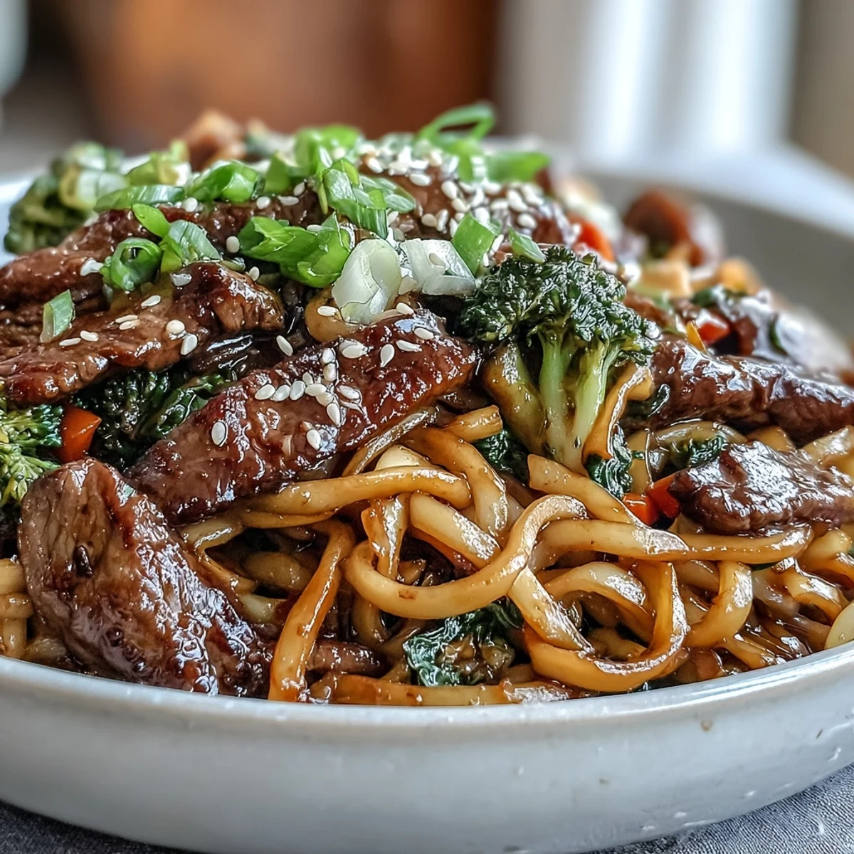 Hearty Korean Beef Noodles feature tender beef strips tossed with colorful bell peppers, carrots, and a sweet-savory glaze.