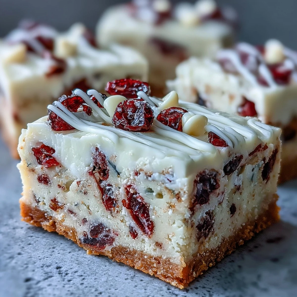 Frosted Cranberry Bliss Bars feature creamy orange frosting and a white chocolate drizzle on a platter, perfect for holiday gatherings.